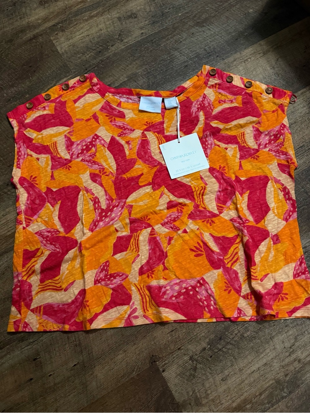 Cynthia Rowley Pink & Orange Printed Button-Shoulder Crop Top